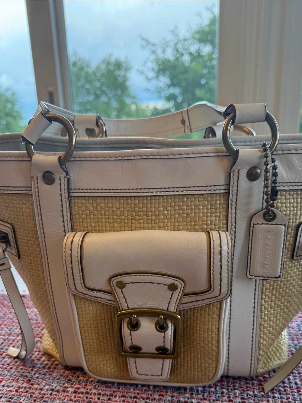 Coach Legacy Handbag Tote Purse Straw white leather M05K-113